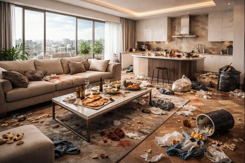 Appartement après une soirée, salon et cuisine très sale